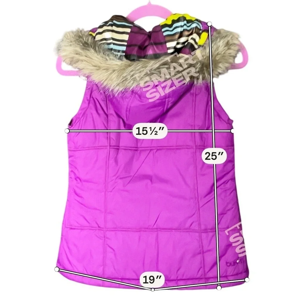Burton Girls Sly Puffy Vest XS Purple Fur‎ Hood Snowboard Winter Ski Jacket